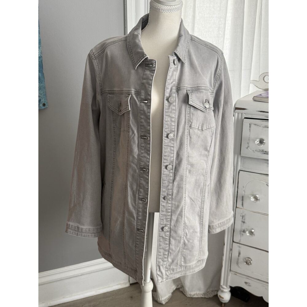 Chico’s Gray Denim Jean Jacket Size 3 (16/18) Long Trucker NWT